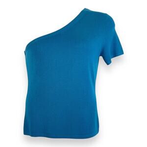 Asymmetric One Shoulder Sweater L Silk Cashmere Blend Blue Short Sleeve Y2k VTG